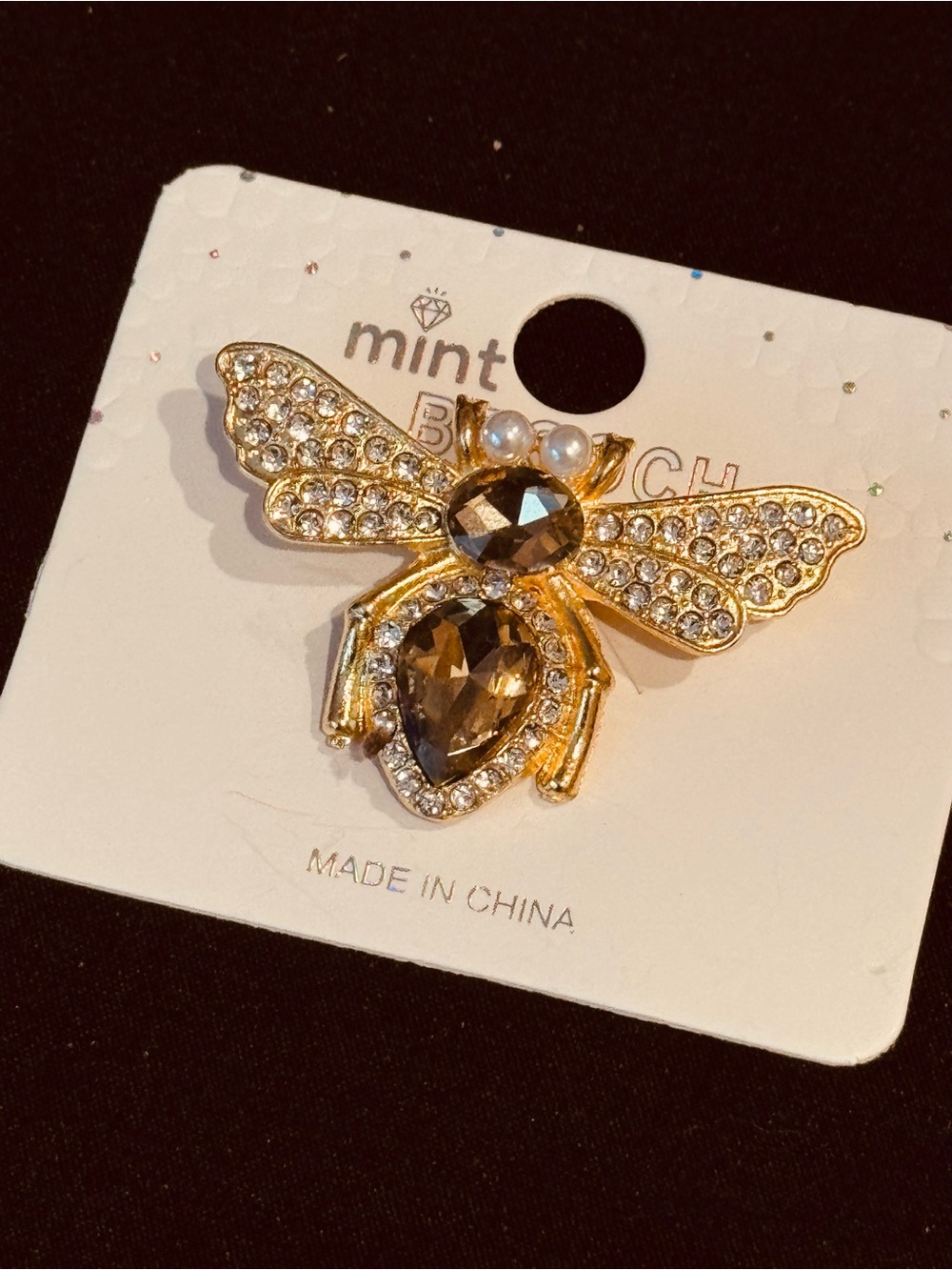 Gold Tone Bumble Bee Brooch with Smoky Topaz & Clear Crystals NWT